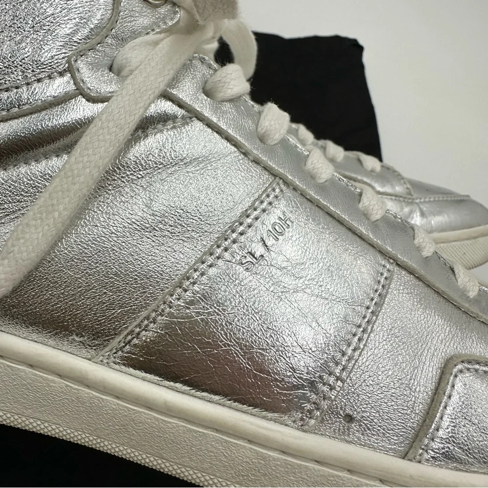 Saint Laurent Men's Metallic Silver Leather Hi-top Sneaker 418026 - Picture 4 of 11